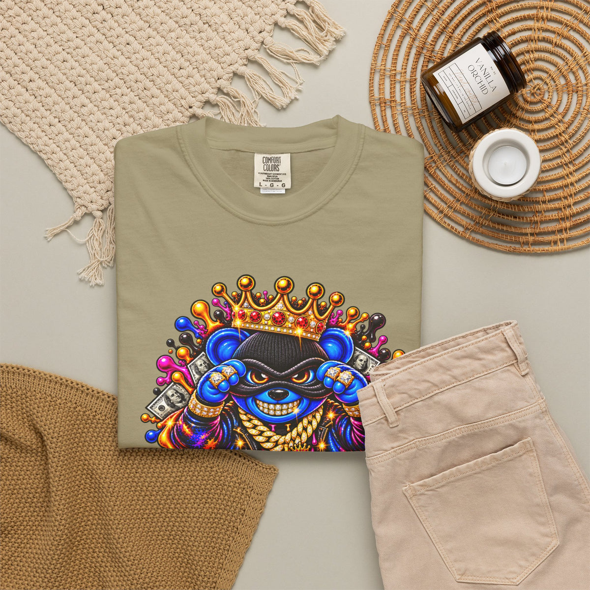 Unisex Garment-Dyed T-shirt-BLUE&PINK CROWN MASK LOGO MONEY GLOCK CROWN SB LOGO-SCUMMIEBEARZ™