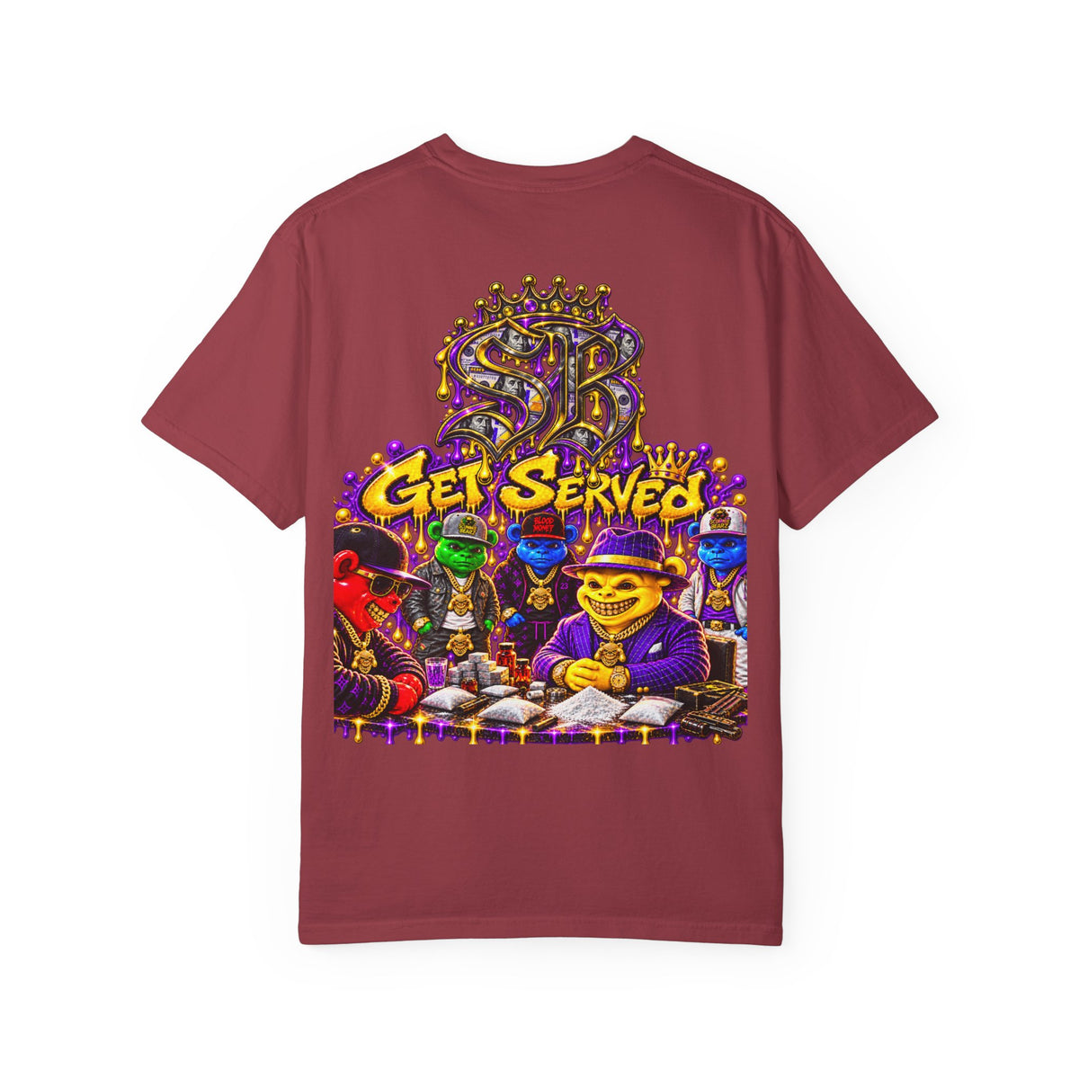 Unisex Garment-Dyed T-shirt-PURPLE&GOLD CROWN MASK LOGO GET SERVED CROWN SB LOGO-SCUMMIEBEARZ™