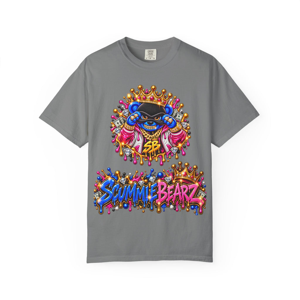 Unisex Garment-Dyed T-shirt-BLUE&PINK CROWN MASK LOGO PRAY BIG -SCUMMIEBEARZ™