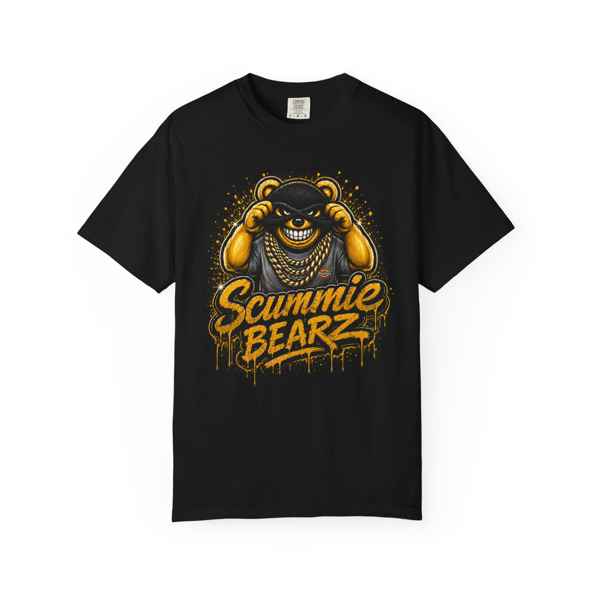 Unisex Garment-Dyed T-shirt-GOLD MASK LOGO & BANK HEIST GRAPHIC DESIGN -SCUMMIEBEARZ™