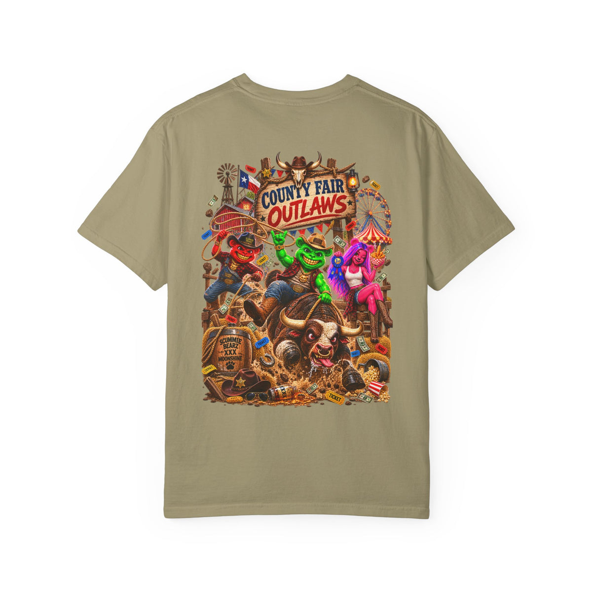 Unisex Garment-Dyed T-shirt--HILLBILLY COUNTY FAIR OUTLAWS/CROWN SB LOGO-SCUMMIEBEARZ™️