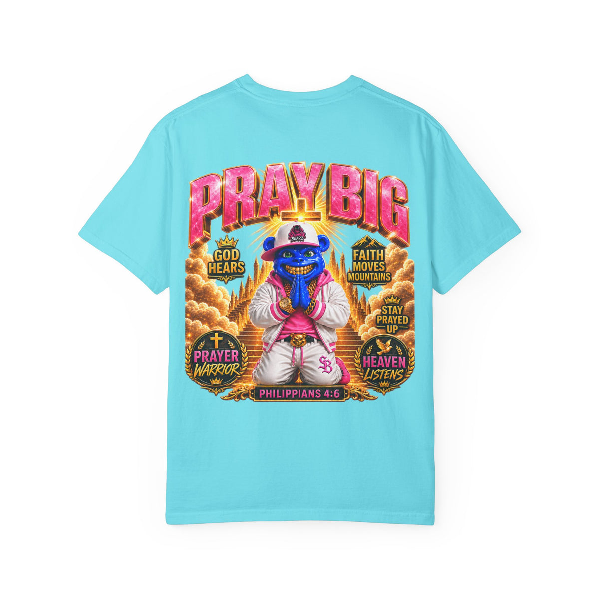 Unisex Garment-Dyed T-shirt-BLUE&PINK CROWN MASK LOGO PRAY BIG -SCUMMIEBEARZ™