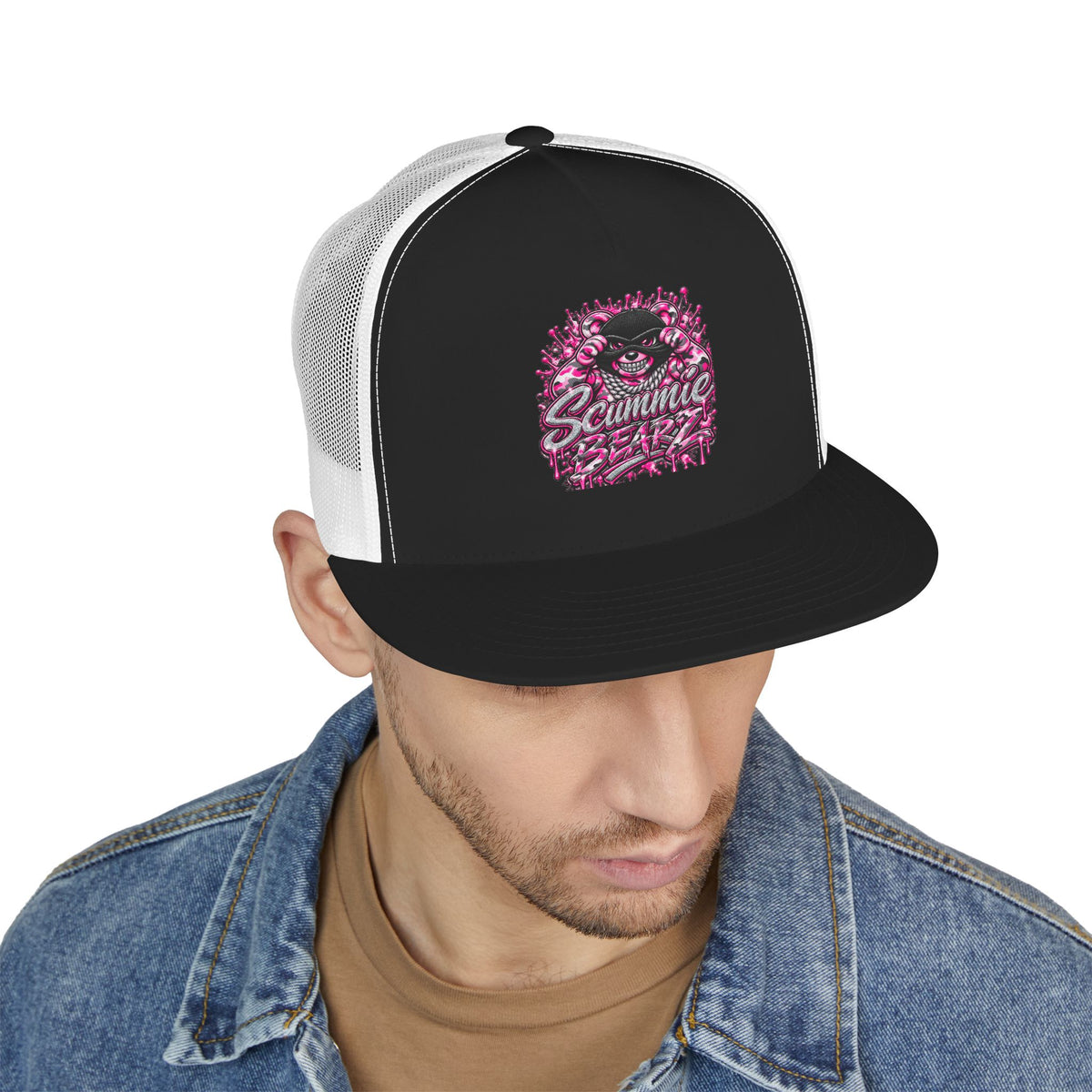 5 Panel Trucker Cap-PINK CAMOUFLAGE WITH SILVER MASK LOGO-SCUMMIEBEARZ™