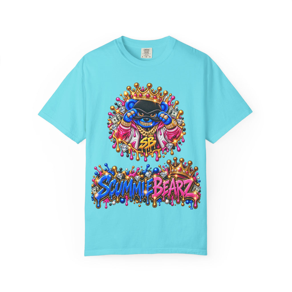 Unisex Garment-Dyed T-shirt-BLUE&PINK CROWN MASK LOGO PRAY BIG -SCUMMIEBEARZ™