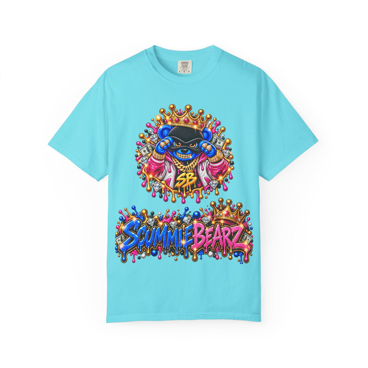 Unisex Garment-Dyed T-shirt-BLUE&PINK CROWN MASK LOGO PRAY BIG -SCUMMIEBEARZ™