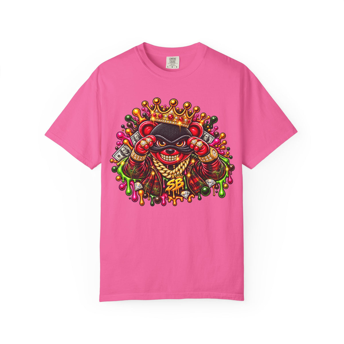 Unisex Garment-Dyed T-shirt-RED&GOLD CROWN MASK LOGO MONEY GLOCK -SCUMMIEBEARZ™