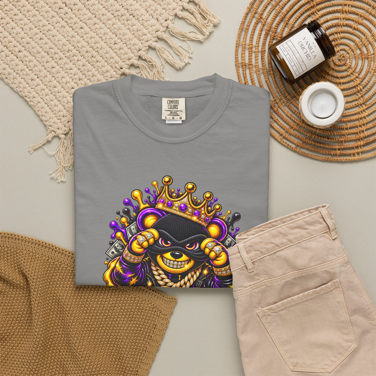 Unisex Garment-Dyed T-shirt-PURPLE&GOLD CROWN MASK LOGO GET SERVED CROWN SB LOGO-SCUMMIEBEARZ™