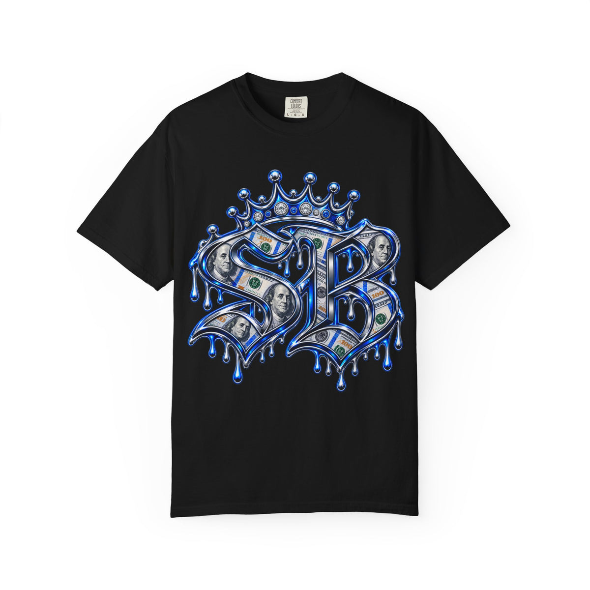 Unisex Garment-Dyed T-shirt-BLUE CROWN MASK LOGO PAPER CHASER MONEY IS THE MOTIVE-SCUMMIEBEARZ™