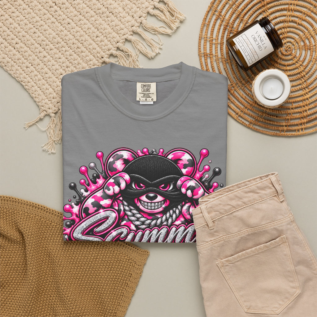 Unisex Garment-Dyed T-shirt-PINK CAMO MASK LOGO GLOCK -SCUMMIEBEARZ™