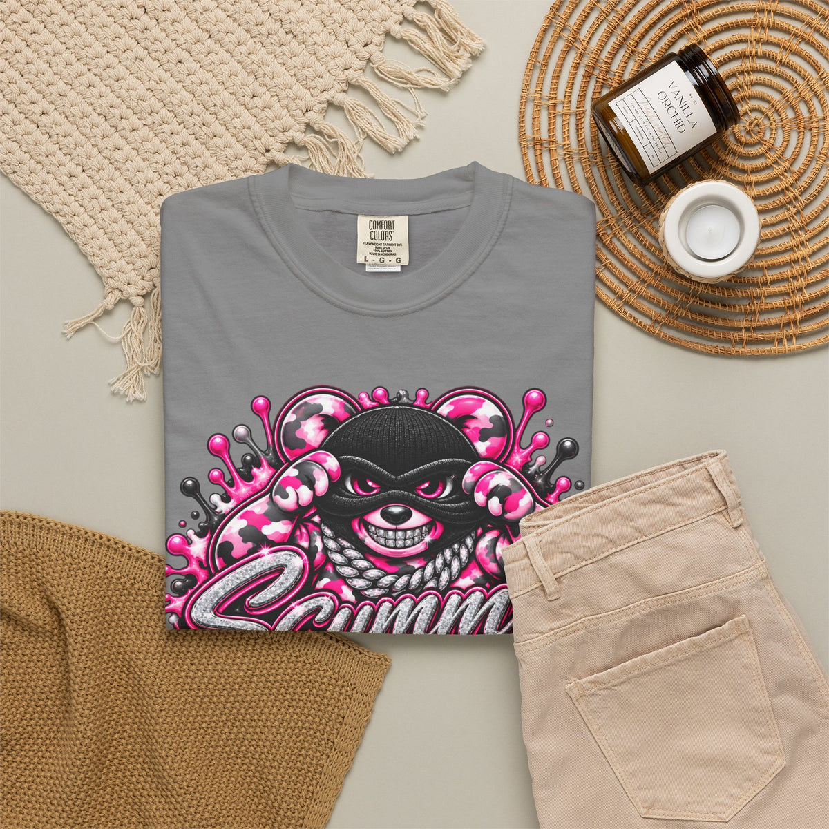 Unisex Garment-Dyed T-shirt-PINK CAMO MASK LOGO GLOCK -SCUMMIEBEARZ™