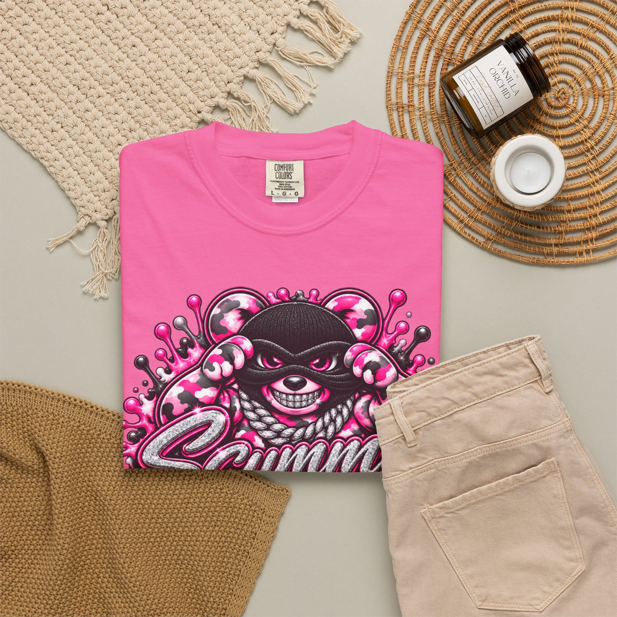 Unisex Garment-Dyed T-shirt-PINK CAMO MASK LOGO GLOCK -SCUMMIEBEARZ™