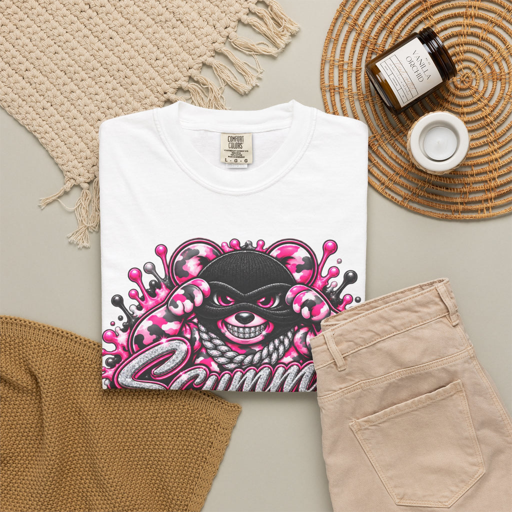 Unisex Garment-Dyed T-shirt-PINK CAMO MASK LOGO GLOCK -SCUMMIEBEARZ™