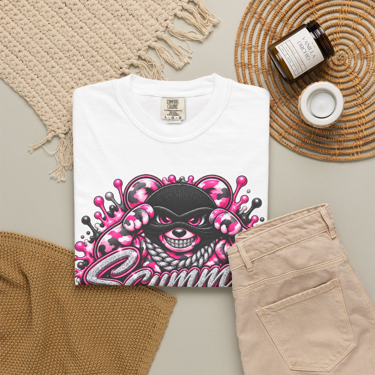 Unisex Garment-Dyed T-shirt-PINK CAMO MASK LOGO GLOCK -SCUMMIEBEARZ™