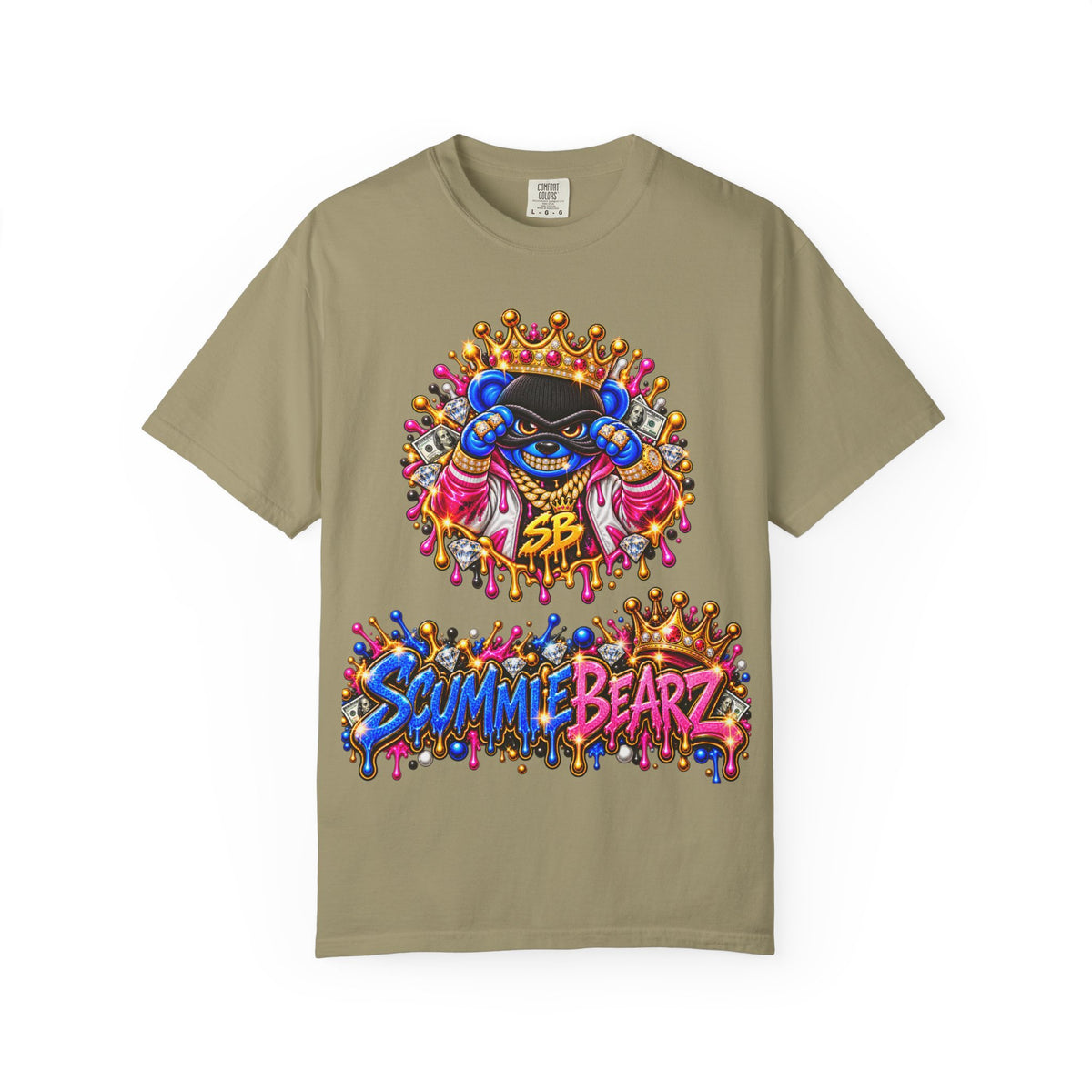 Unisex Garment-Dyed T-shirt-BLUE&PINK CROWN MASK LOGO PRAY BIG -SCUMMIEBEARZ™