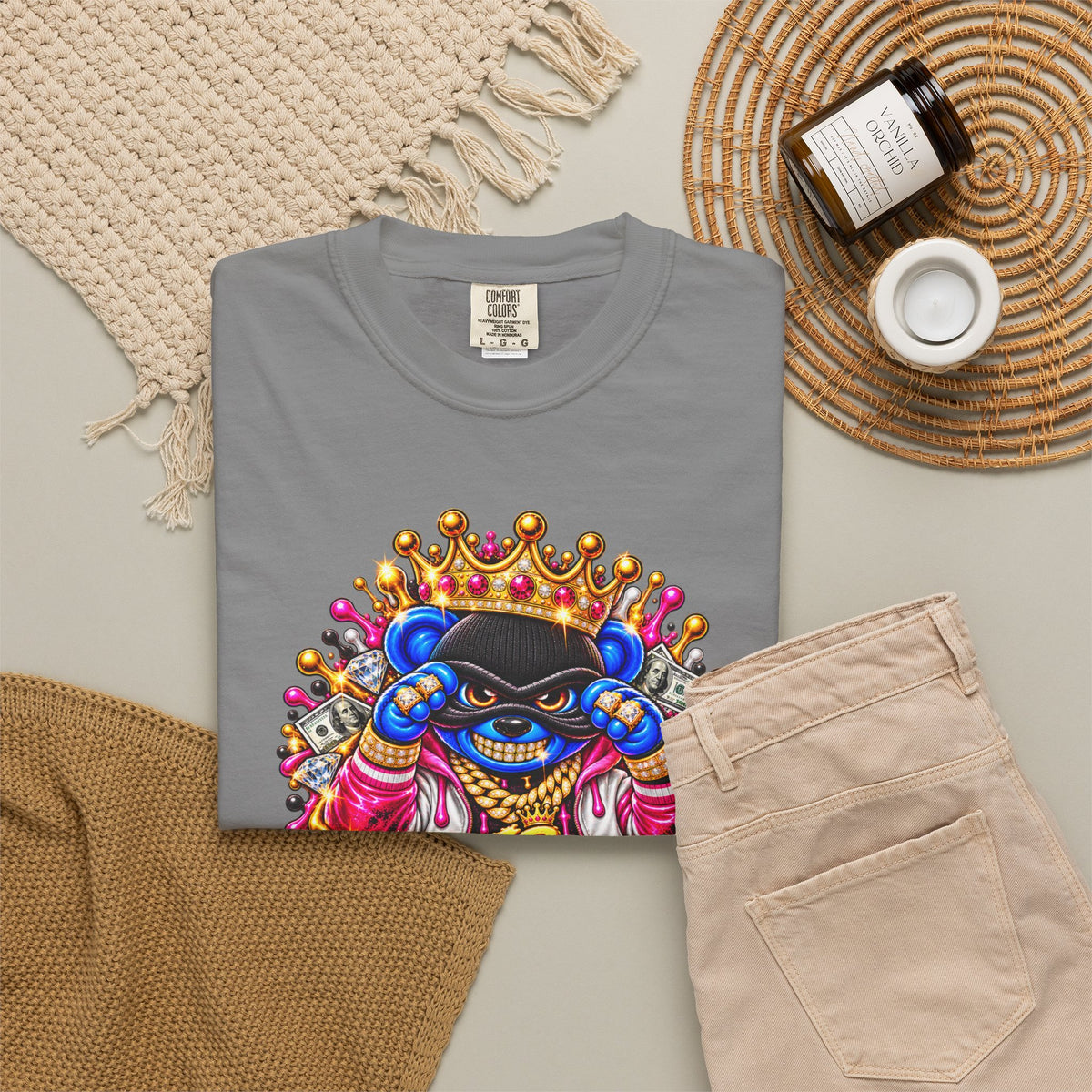 Unisex Garment-Dyed T-shirt-BLUE&PINK CROWN MASK LOGO PRAY BIG -SCUMMIEBEARZ™