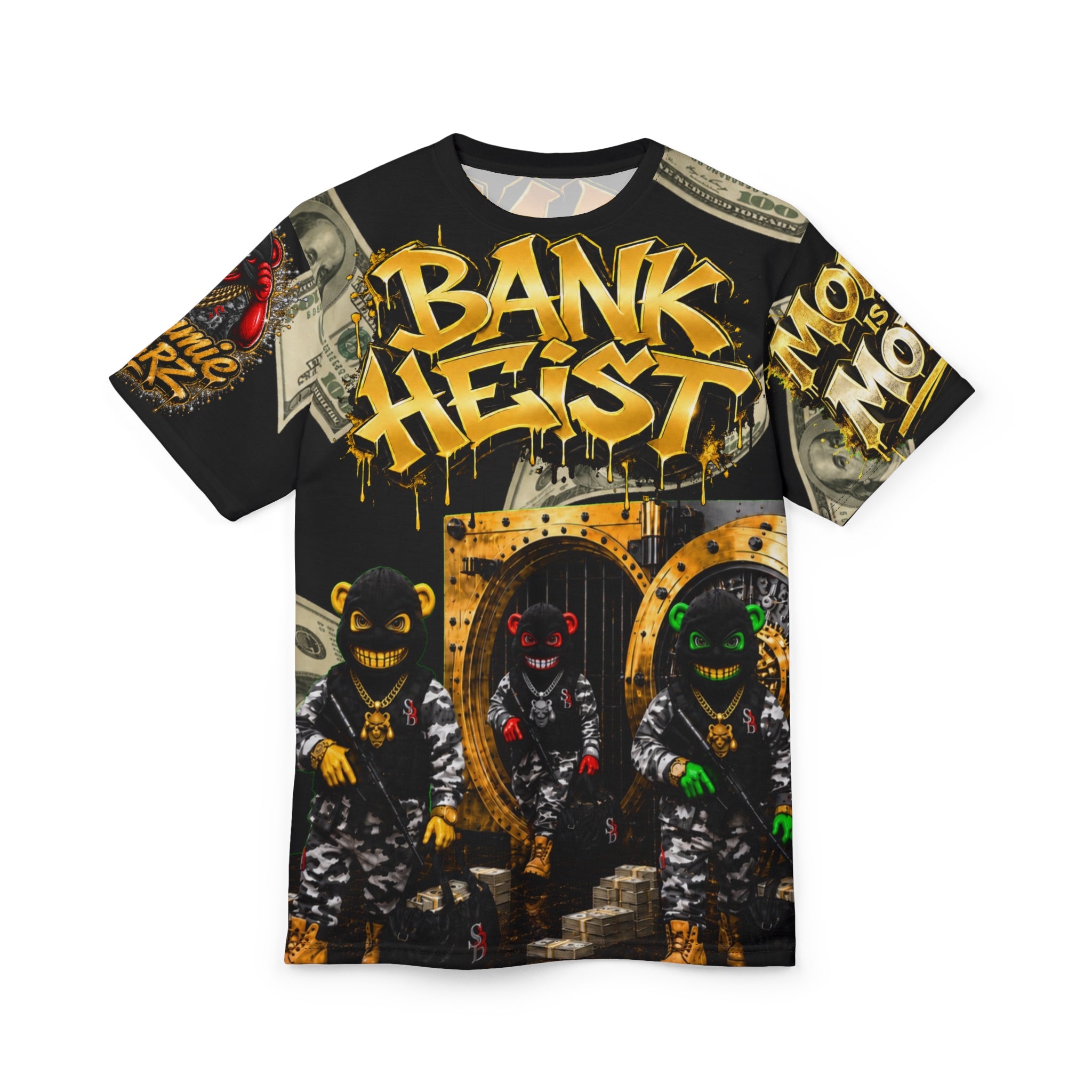 SCUMMIEBEARZ BANK HEIST – MONEY IS THE MOTIVE REMIX AOP Edition Unisex Streetwear Tee