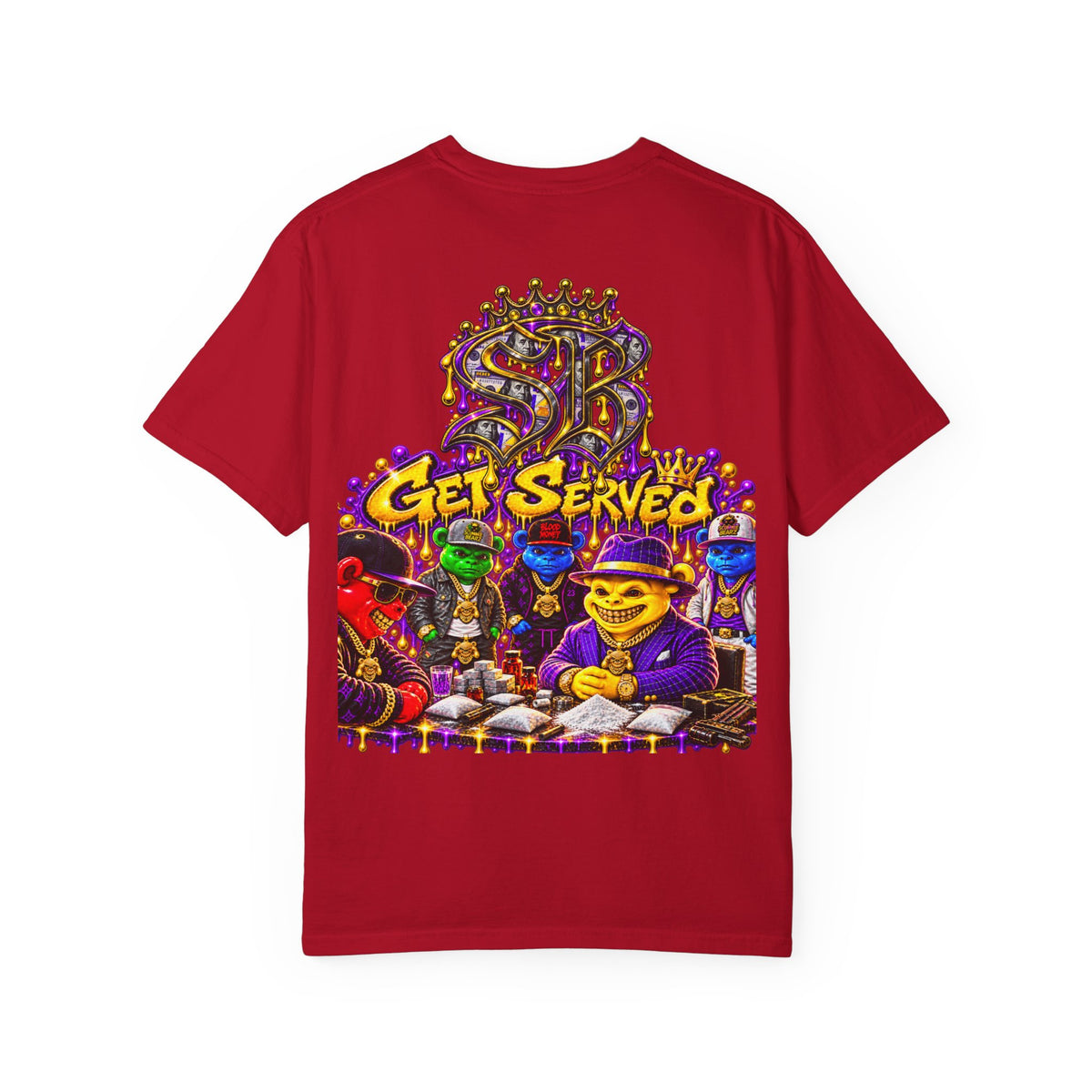 Unisex Garment-Dyed T-shirt-PURPLE&GOLD CROWN MASK LOGO GET SERVED CROWN SB LOGO-SCUMMIEBEARZ™