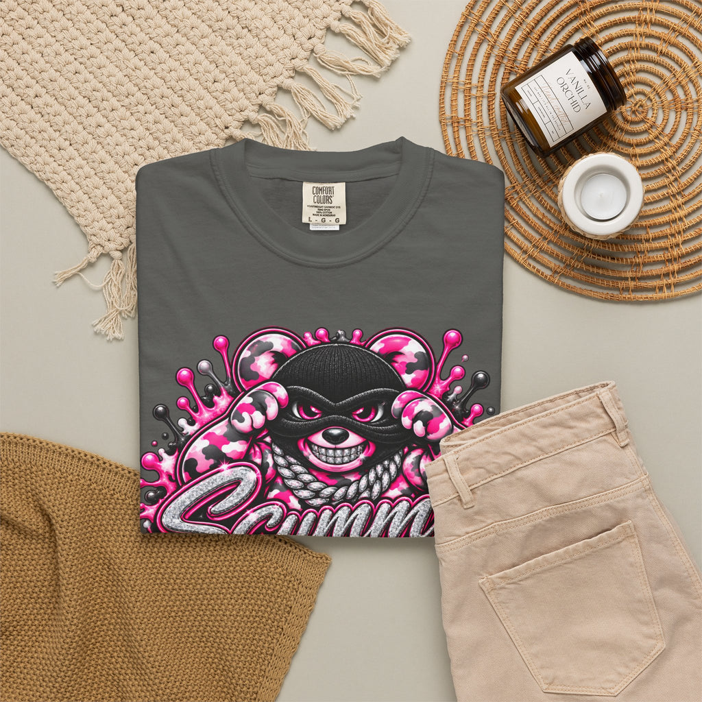 Unisex Garment-Dyed T-shirt-PINK CAMO MASK LOGO GLOCK -SCUMMIEBEARZ™