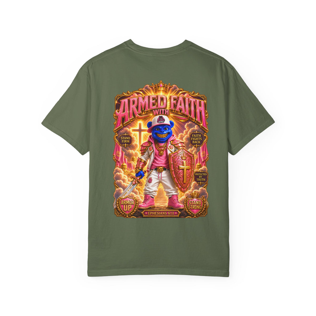 Unisex Garment-Dyed T-shirt-BLUE&PINK CROWN SB LOGO ARMED WITH FAITH-SCUMMIEBEARZ™