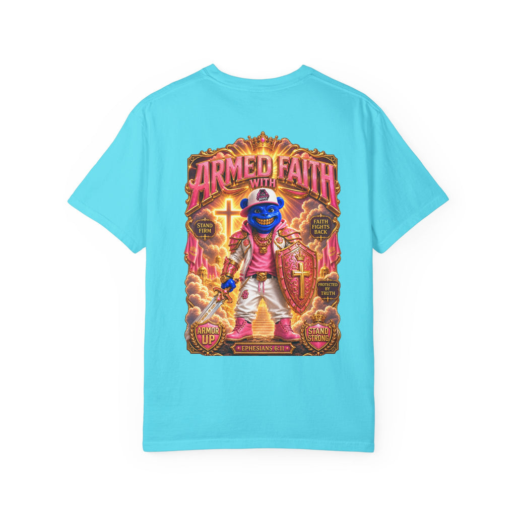 Unisex Garment-Dyed T-shirt-BLUE&PINK CROWN SB LOGO ARMED WITH FAITH-SCUMMIEBEARZ™