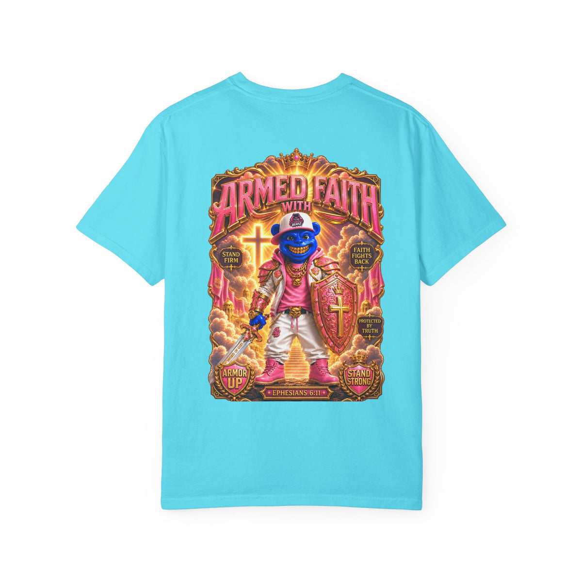Unisex Garment-Dyed T-shirt-BLUE&PINK CROWN SB LOGO ARMED WITH FAITH-SCUMMIEBEARZ™
