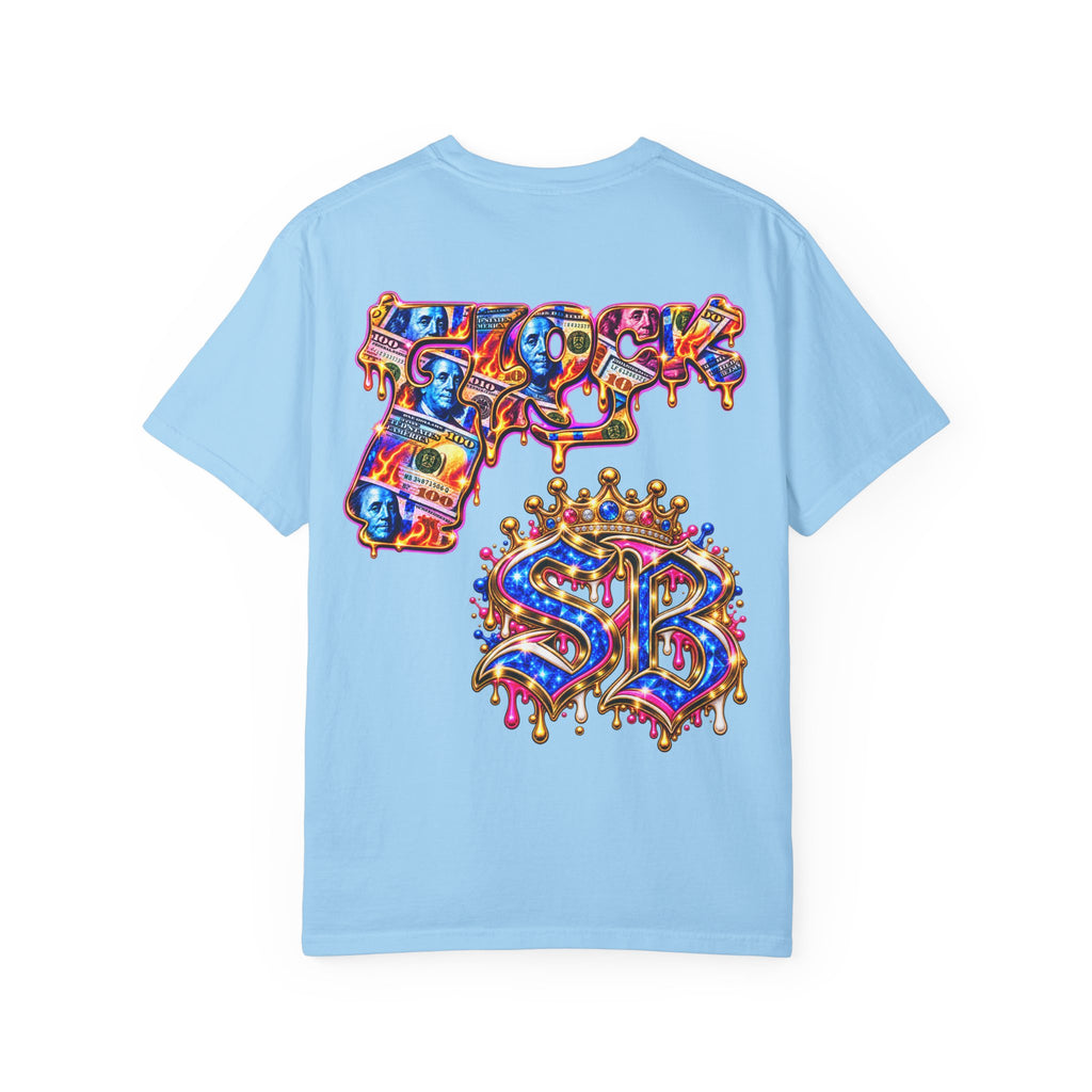 Unisex Garment-Dyed T-shirt-BLUE&PINK CROWN MASK LOGO MONEY GLOCK CROWN SB LOGO-SCUMMIEBEARZ™