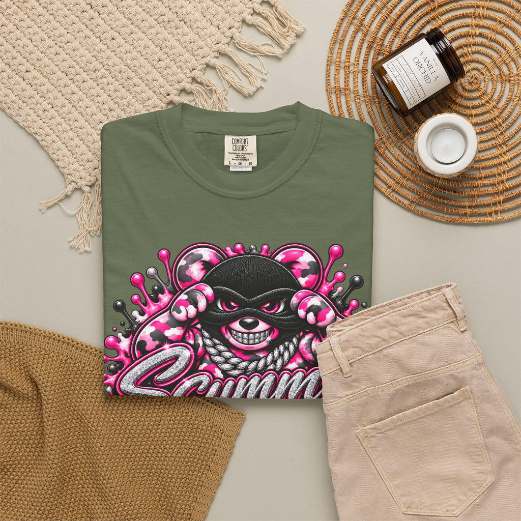 Unisex Garment-Dyed T-shirt-PINK CAMO MASK LOGO GLOCK -SCUMMIEBEARZ™