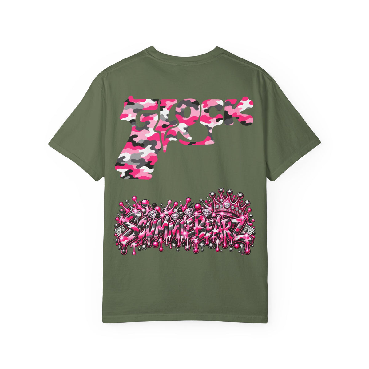 Unisex Garment-Dyed T-shirt-PINK CAMO MASK LOGO GLOCK -SCUMMIEBEARZ™