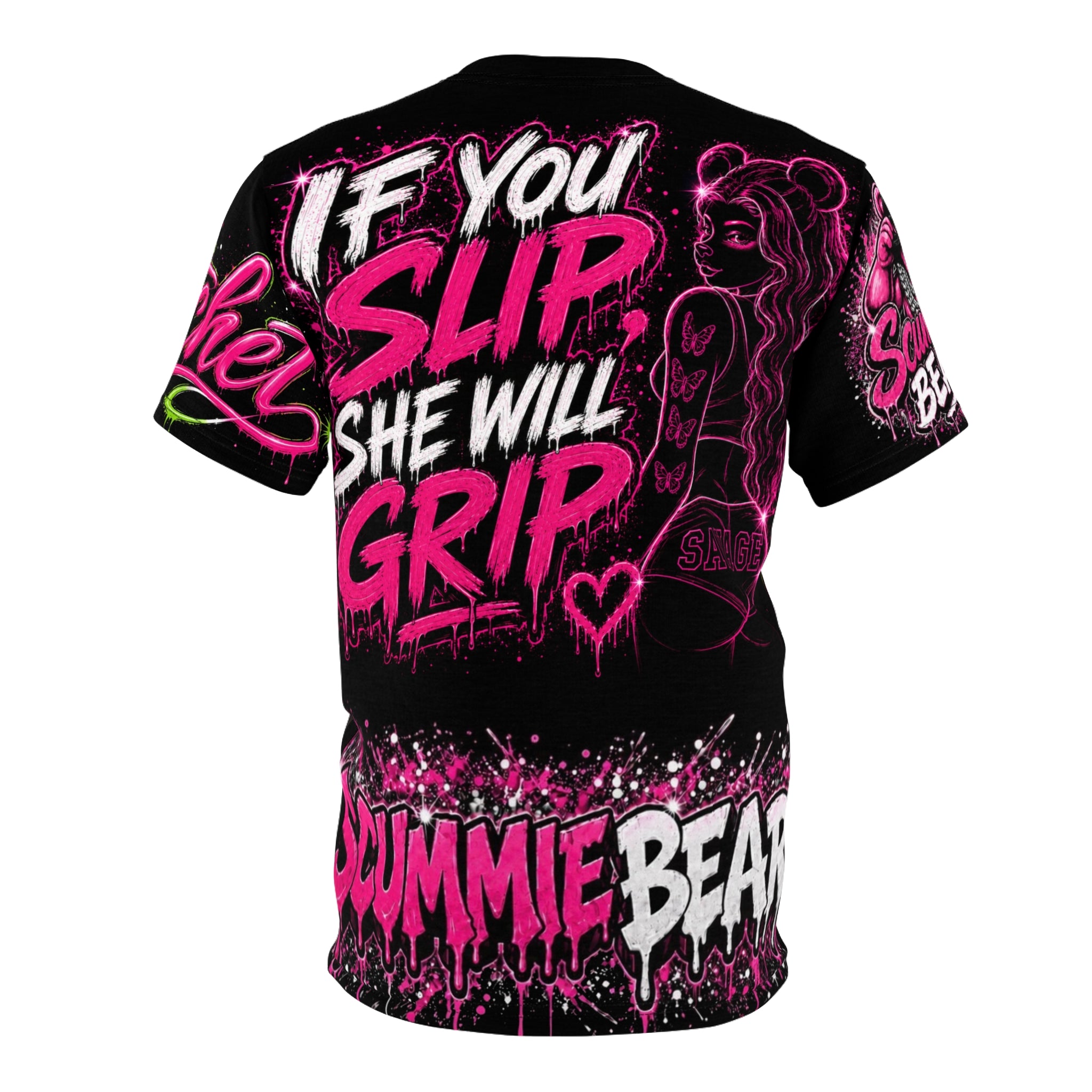 SCUMMIEBEARZ SEXY BUT SAVAGE IF YOU SLIP SHE WILL GRIP PINK AOP EDITION Unisex Women’s Streetwear Tee