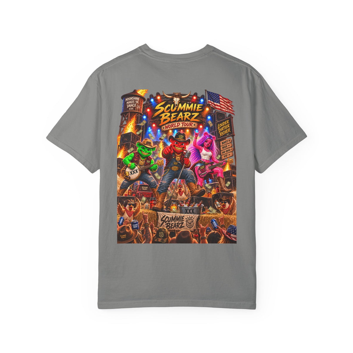 Unisex Garment-Dyed T-shirt--HILLBILLY WORLD TOUR/CROWN SB LOGO-SCUMMIEBEARZ™️