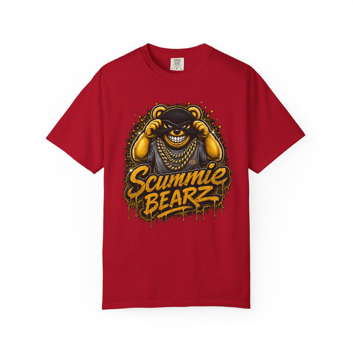 Unisex Garment-Dyed T-shirt-GOLD MASK LOGO & BANK HEIST GRAPHIC DESIGN -SCUMMIEBEARZ™