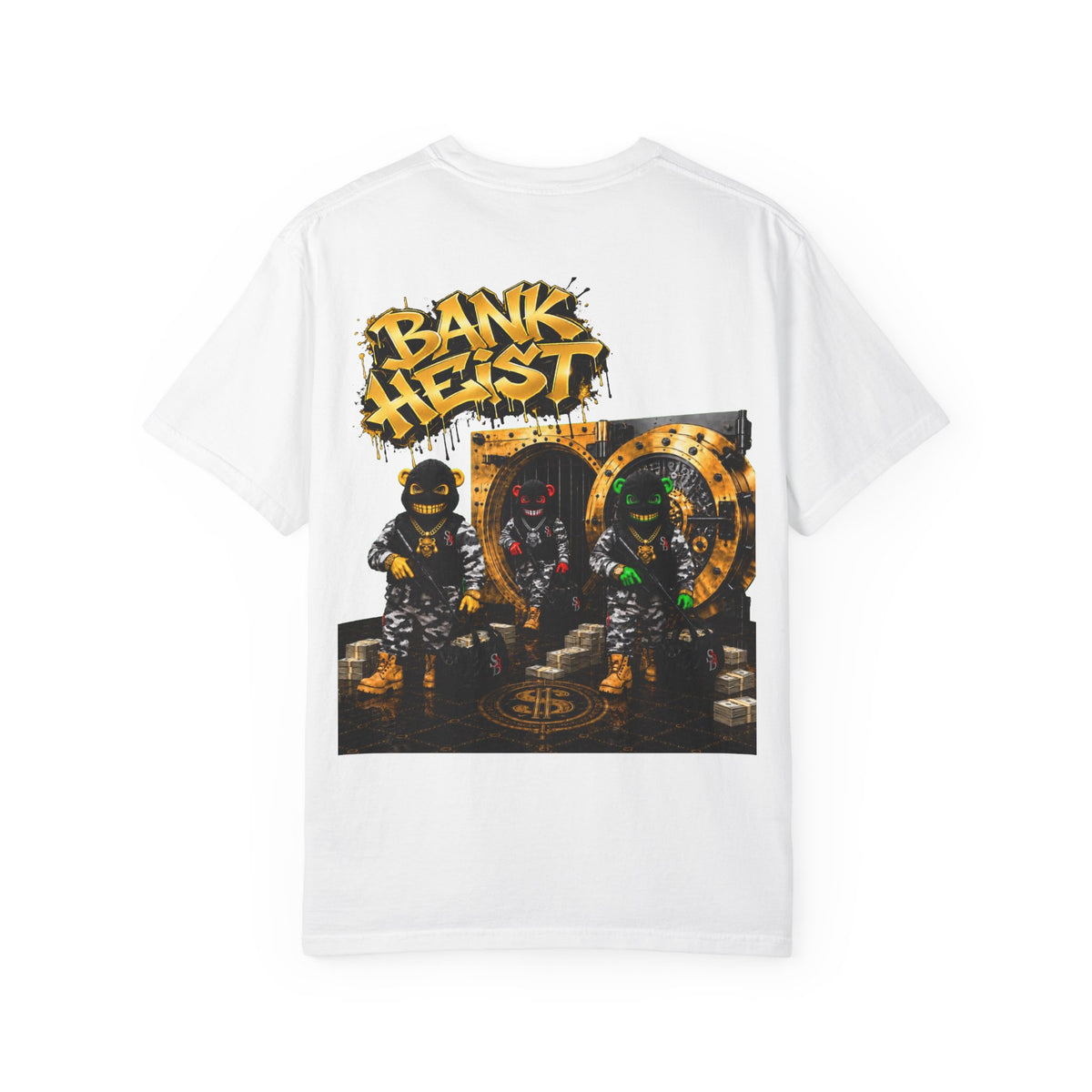 Unisex Garment-Dyed T-shirt-GOLD MASK LOGO & BANK HEIST GRAPHIC DESIGN -SCUMMIEBEARZ™