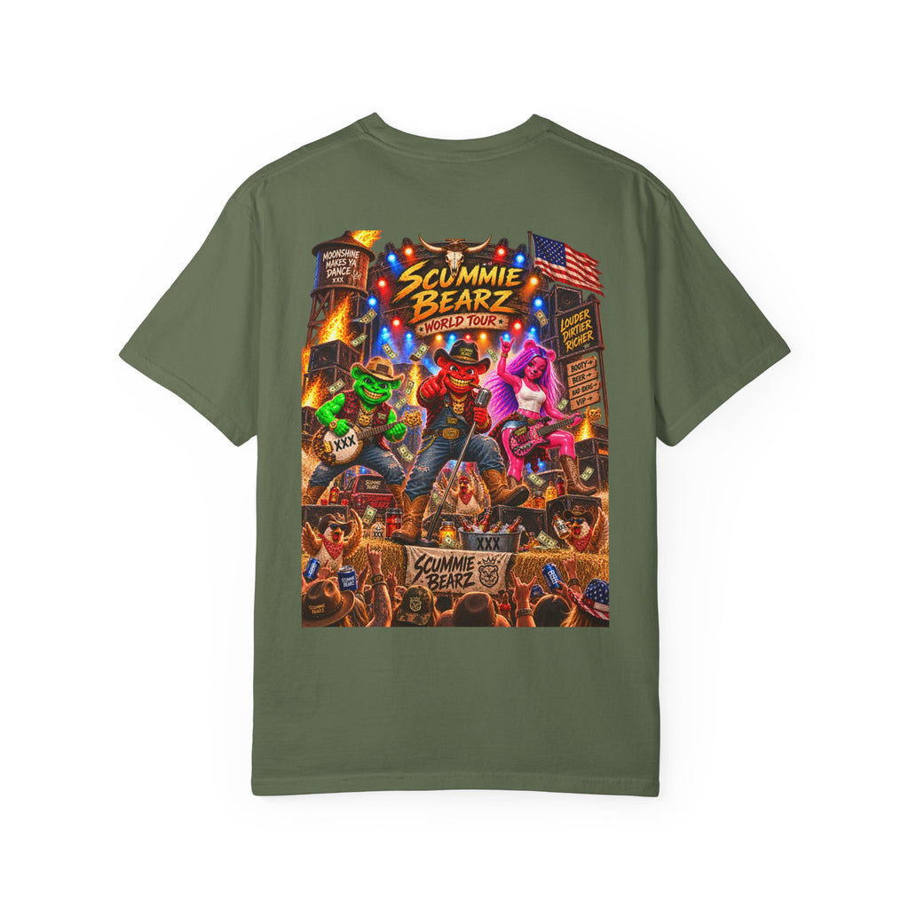 Unisex Garment-Dyed T-shirt--HILLBILLY WORLD TOUR/CROWN SB LOGO-SCUMMIEBEARZ™️