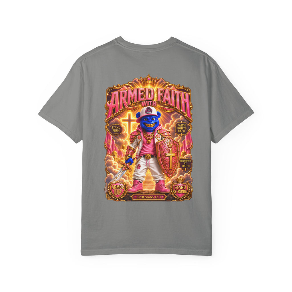 Unisex Garment-Dyed T-shirt-BLUE&PINK CROWN SB LOGO ARMED WITH FAITH-SCUMMIEBEARZ™