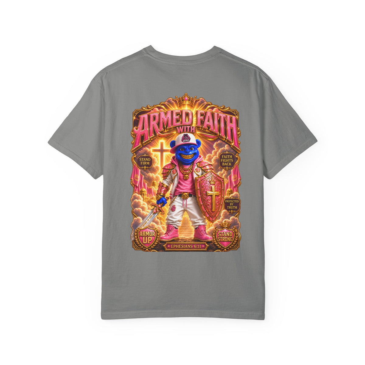Unisex Garment-Dyed T-shirt-BLUE&PINK CROWN SB LOGO ARMED WITH FAITH-SCUMMIEBEARZ™